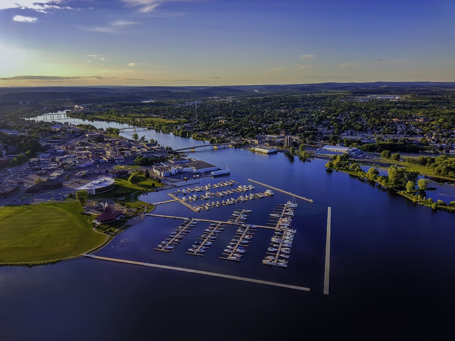 An aerial view of Trent Port Marina, the Trent River and downtown Trenton
